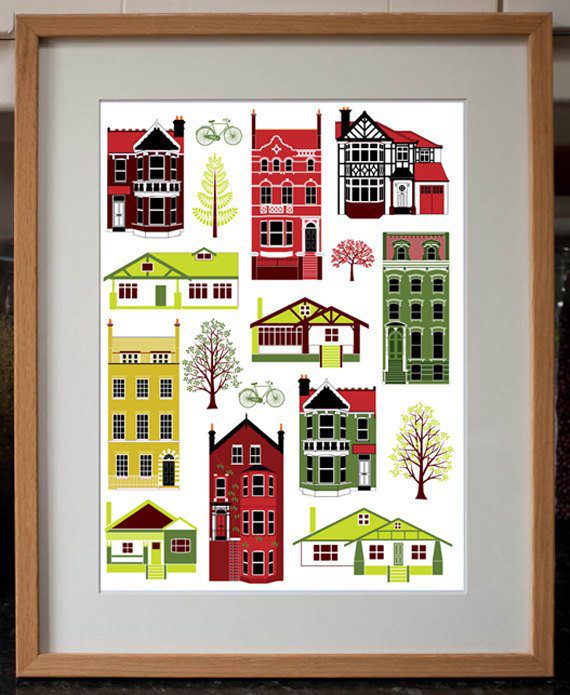 Houses of Different Styles Digital Art Print 30cm x 40cm