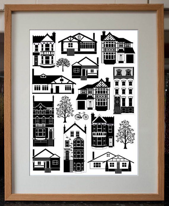 Mixed Houses Digital Art Print in Black and White 30cm x 40cm