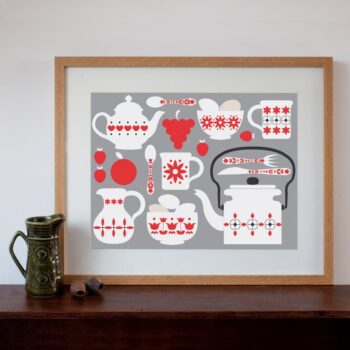 Retro Kitchen Design Art print Grey and Red
