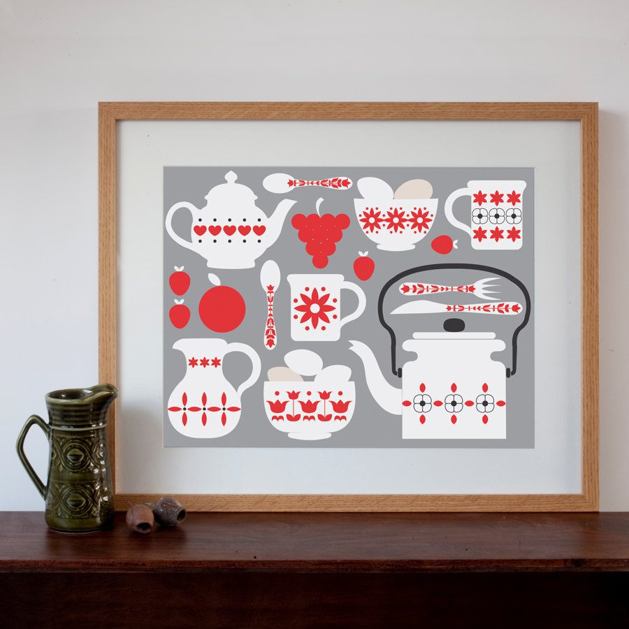 Retro Kitchen Design Art print Grey and Red