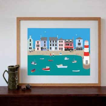 English Fishing Village Art Print in Naive Style 30cm x 40cm