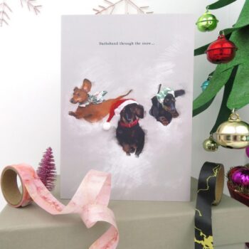 Dachshund Illustrated Christmas Card With Sparkle & Pom Pom Hat