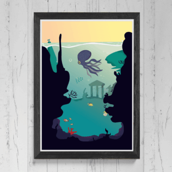 Underwater Octopus Sea-life landscape art print.