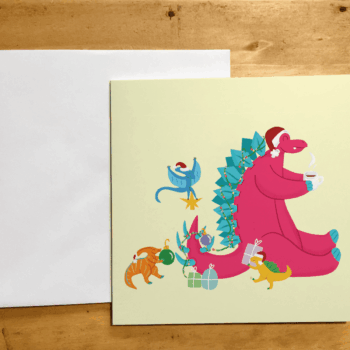 Cute Illustrated Dinosaur Scene Christmas card Square Recycled Greetings Xmas Tree