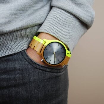 Neon yellow painted bamboo wood watch