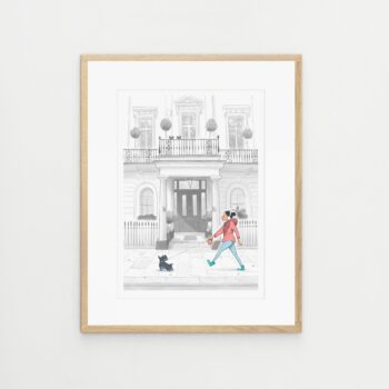 A Stroll Through Kensington, London Artwork, lady with dog