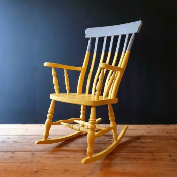 Two-tone yellow and grey painted wooden rocking chair