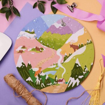 Winter Landscape Mouse Pad, Colourful Desk Art, Office Art, Cute Pastel Art, Fox, Hills