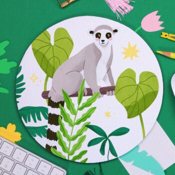 Lemur Mouse Pad, Jungle Animal, Exotic Summer Art, Cute Desk Gift, Plants