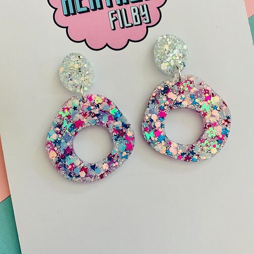 Blue and White Dangle Glitter Earrings