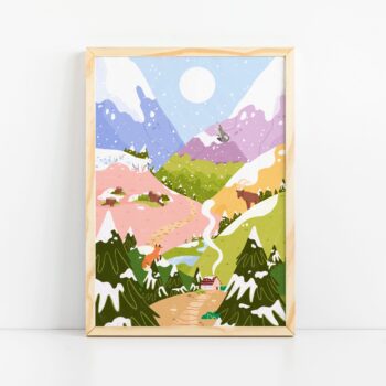 Winter Landscape Art Print, Moutains Art Print, Valley Illustrations, Cute Animals, Colourful Art