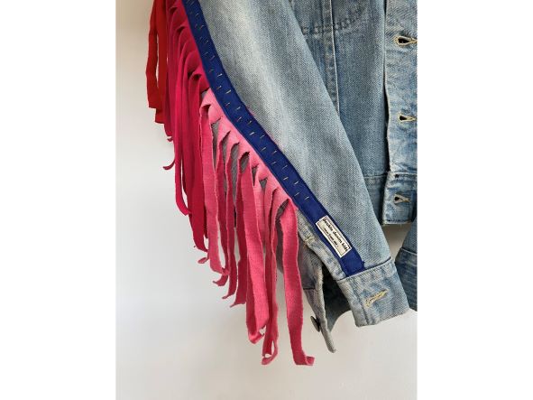 Vintage denim jacket with recycled rainbow tassels