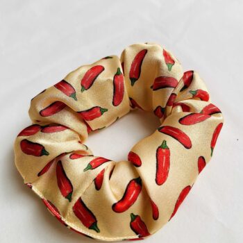 Real silk peach chilli printed luxury scrunchie