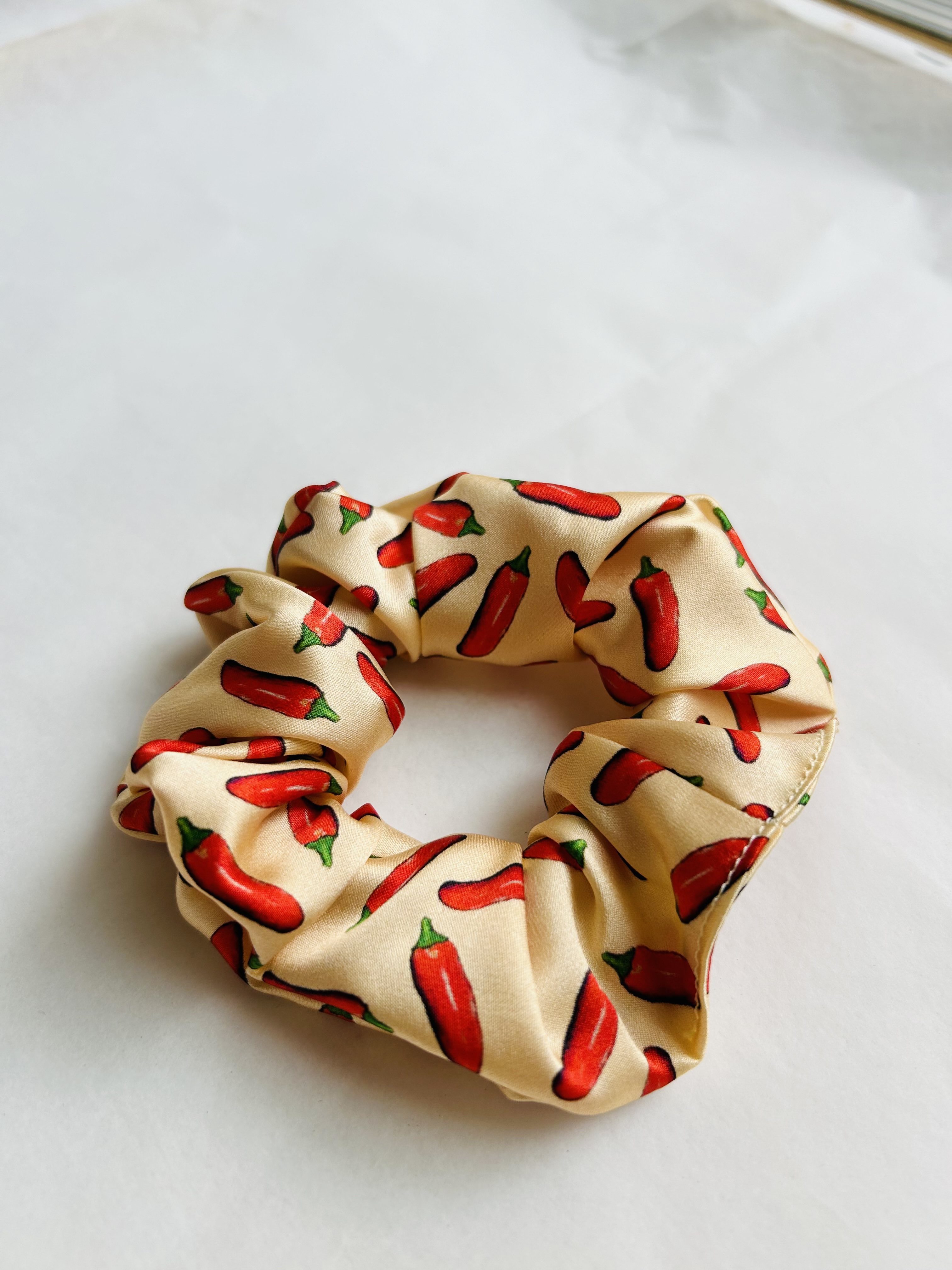Real silk peach chilli printed, luxury scrunchie, extra thick elastic