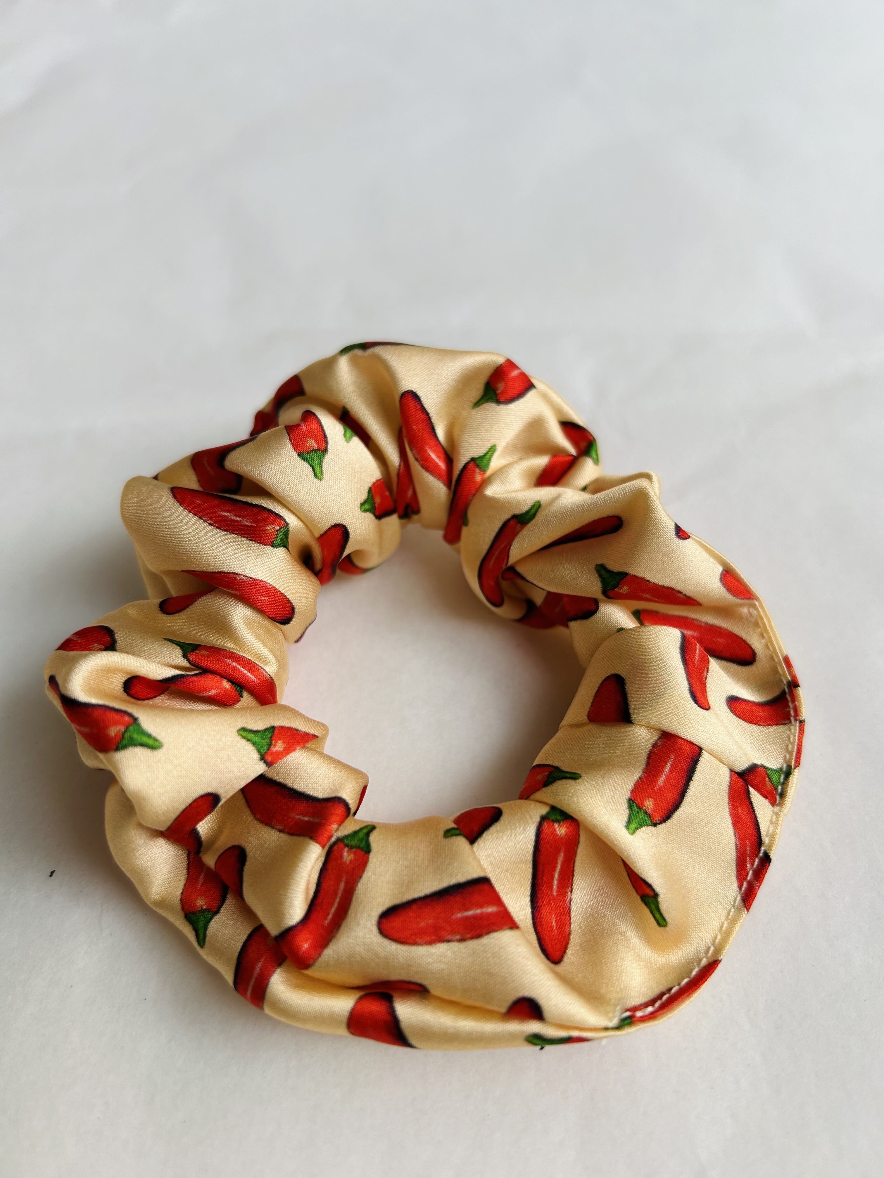 Real silk peach chilli printed, luxury scrunchie, extra thick elastic