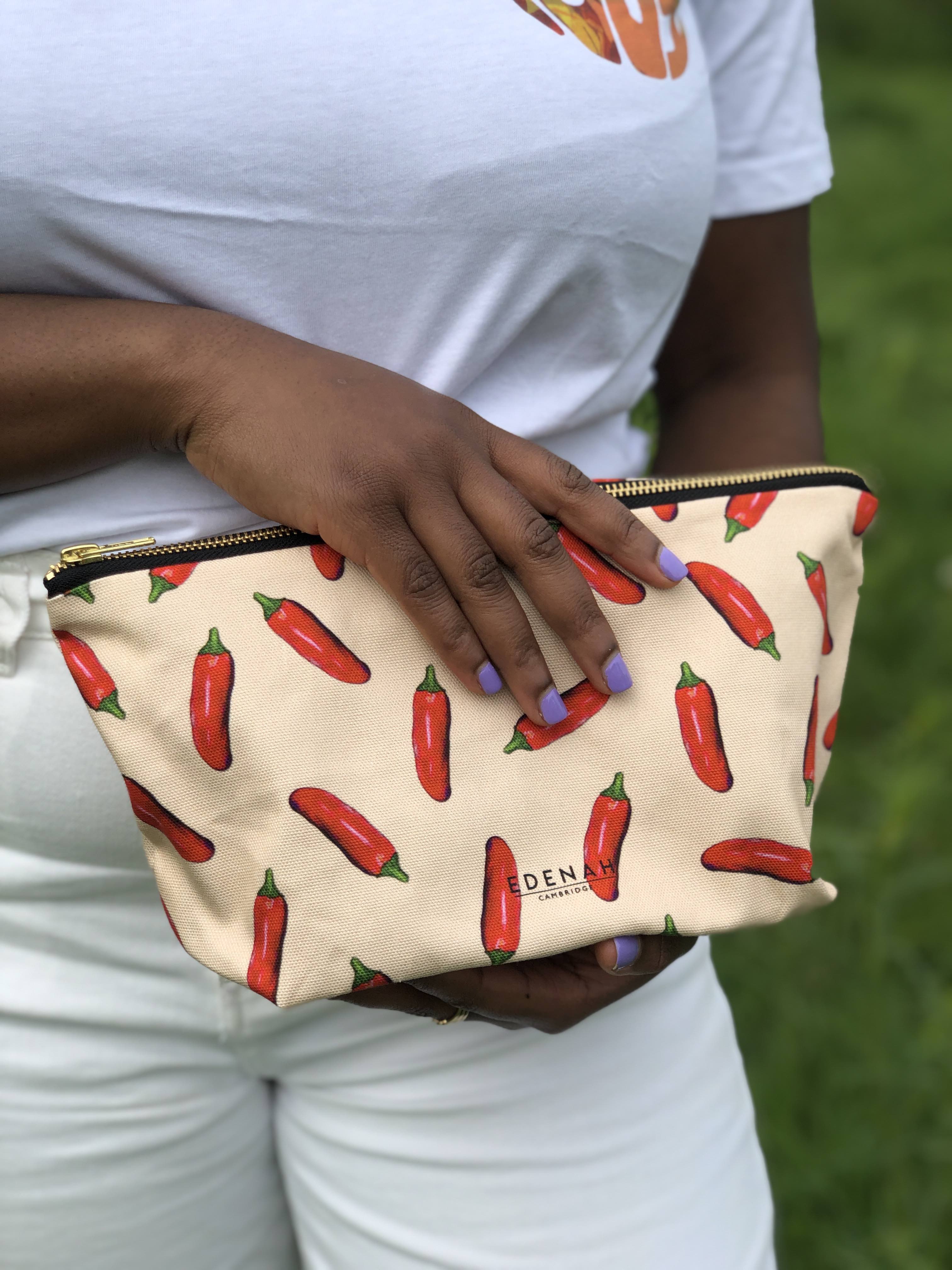 Large Hand Drawn Chilli Printed Cosmetic Bag, Makeup Bag