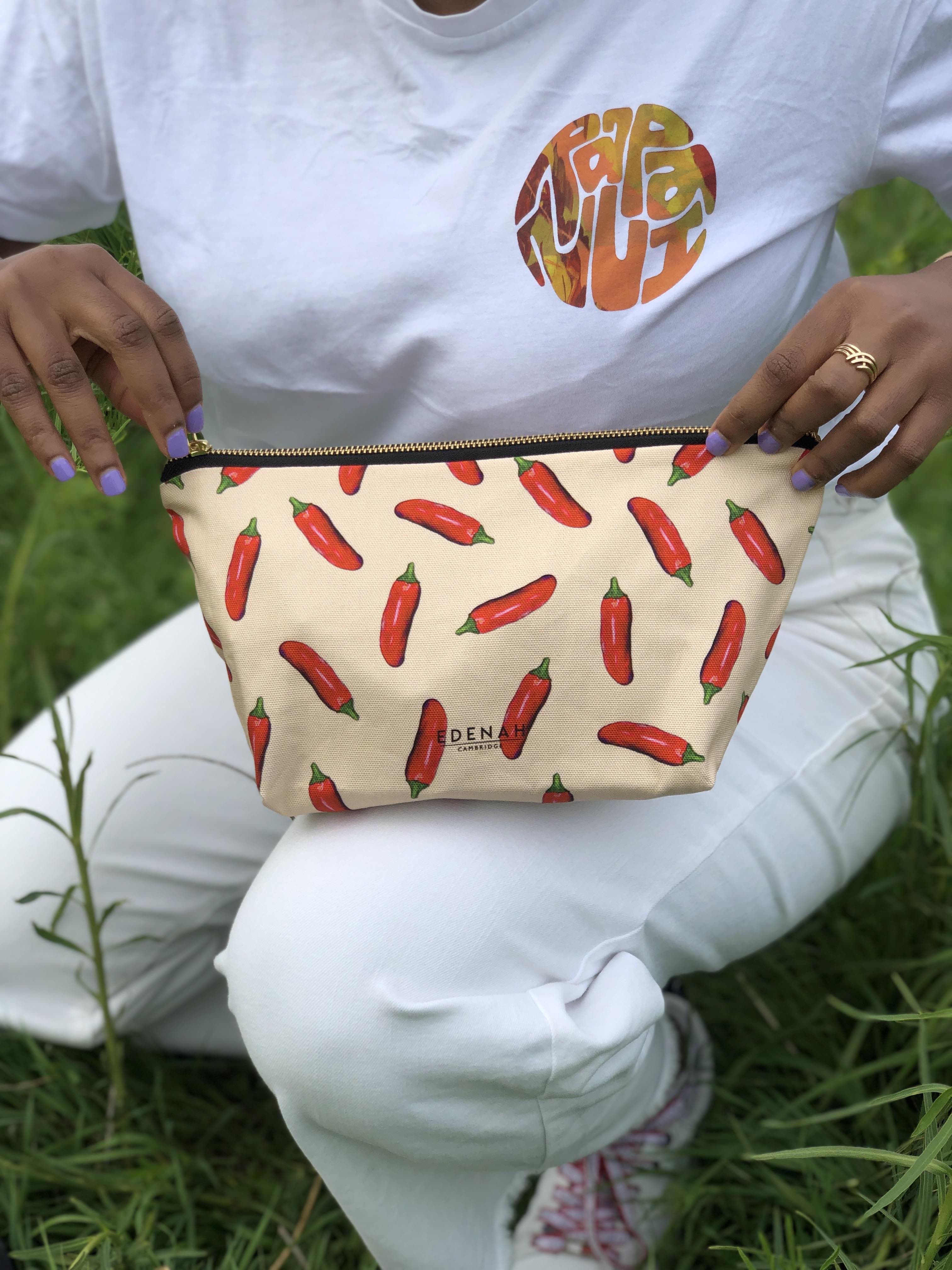 Large Hand Drawn Chilli Printed Cosmetic Bag, Makeup Bag