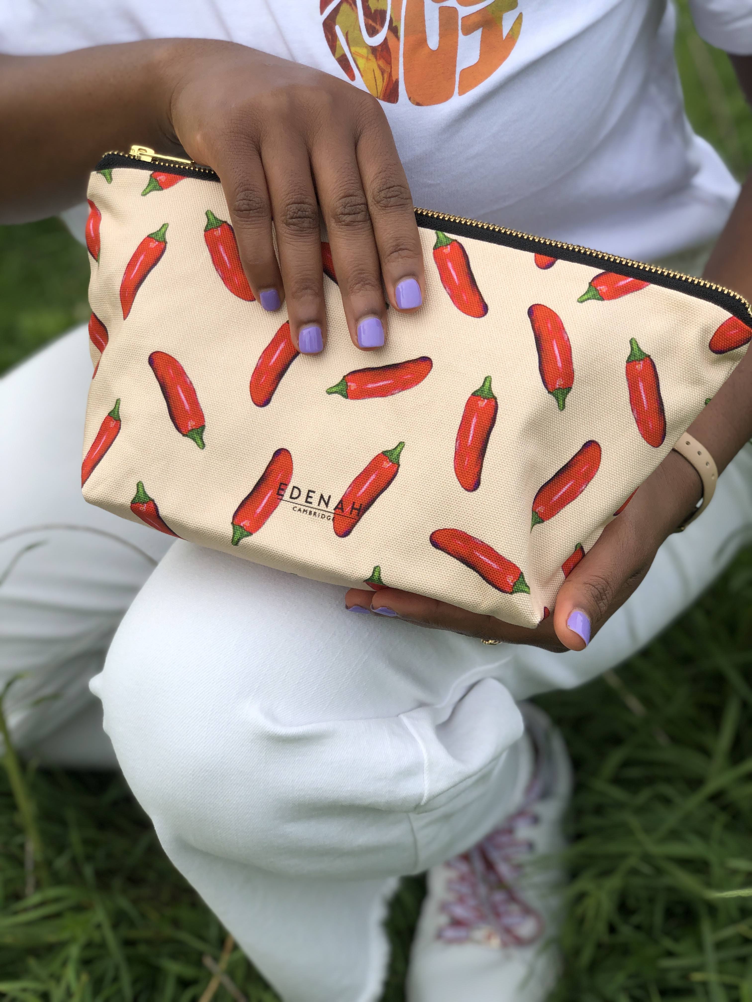 Large Hand Drawn Chilli Printed Cosmetic Bag, Makeup Bag