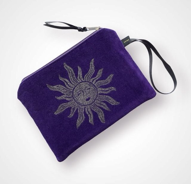 Luxury Purple Velvet Zip-Up Pouch with golden Sun hand printed design