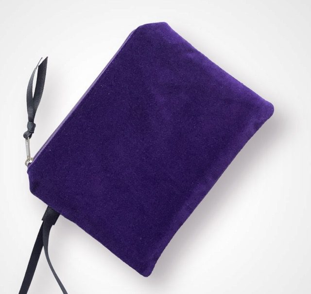 Luxury Purple Velvet Zip-Up Pouch with golden Sun hand printed design