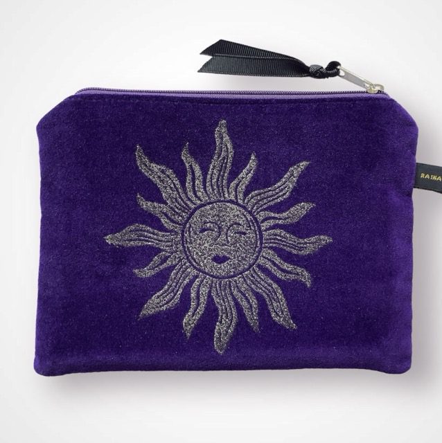 Luxury Purple Velvet Zip-Up Pouch with golden Sun hand printed design