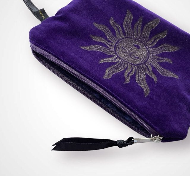 Luxury Purple Velvet Zip-Up Pouch with golden Sun hand printed design