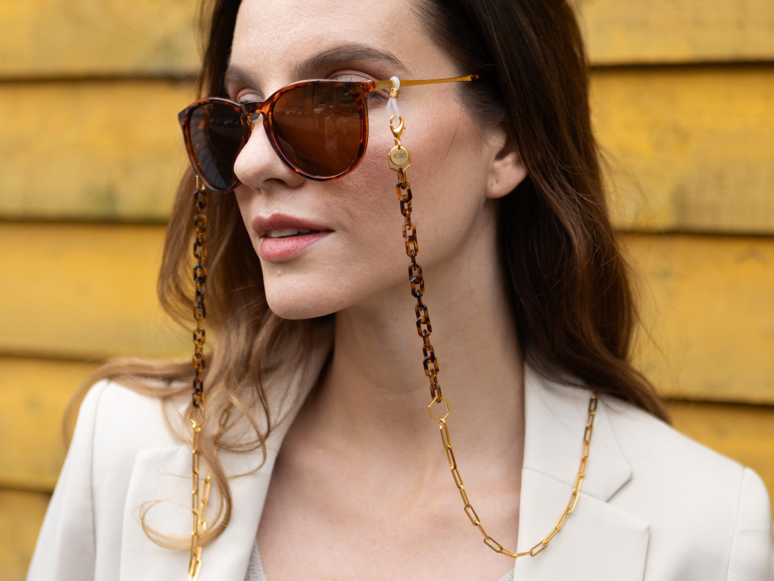 Dainty Tortoiseshell and Gold Paperclip Small Acrylic Glasses Chain Adorned with Hexagons