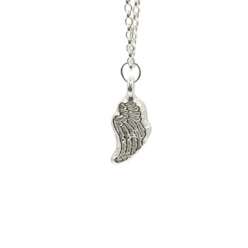 Sterling silver angel wing pendant on chain, white background