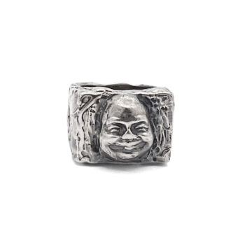 Front view of handcrafted Buddha Face Ring in oxidised silver on white background