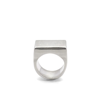Front view of geometric silver signet ring with square face