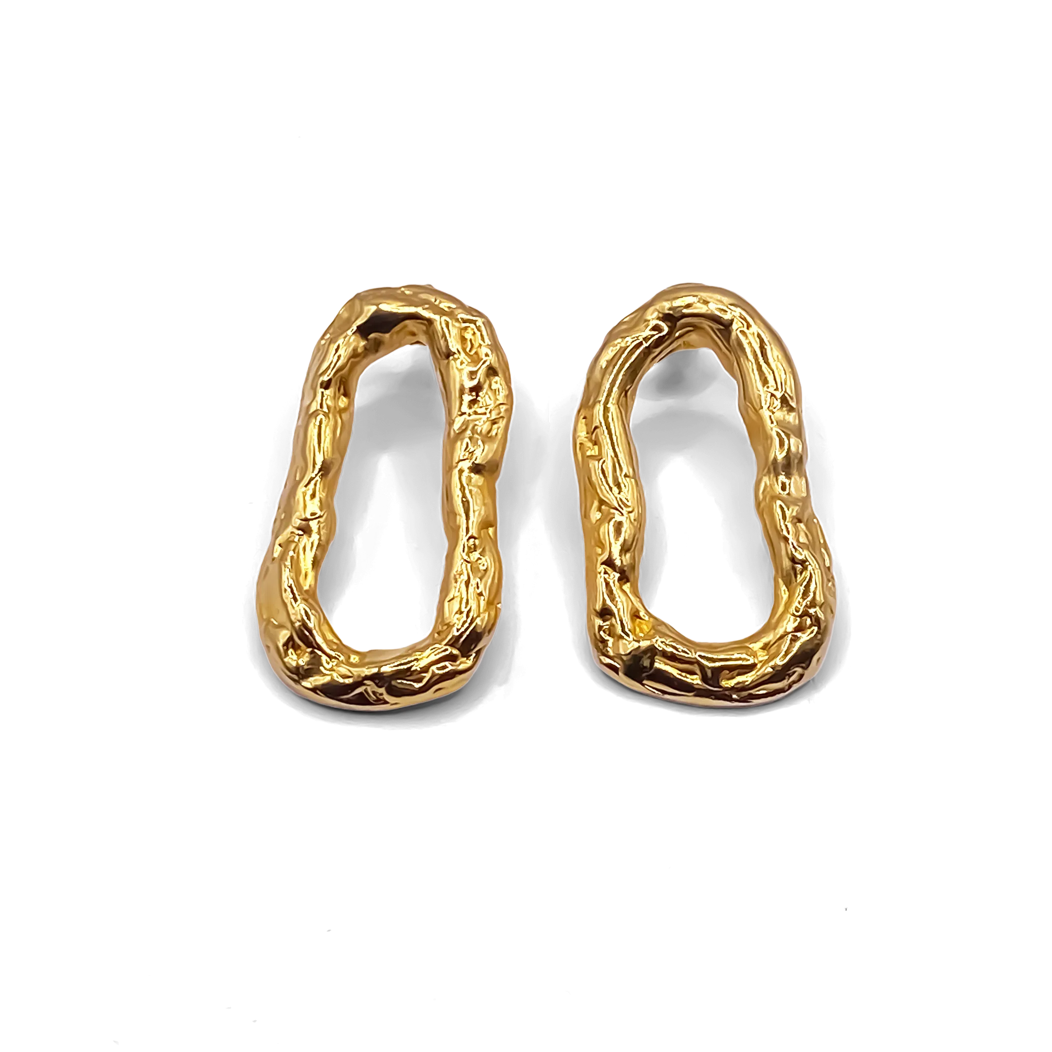 Pair of gold Flow Loop Earrings on white background, showing sculptural texture