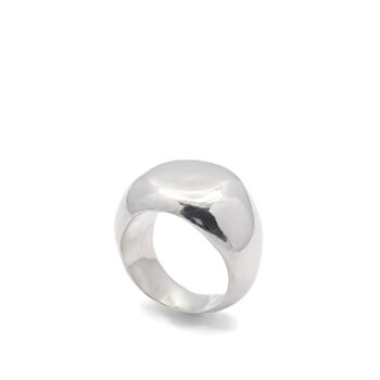 Angled view of a silver round signet ring on a white background.