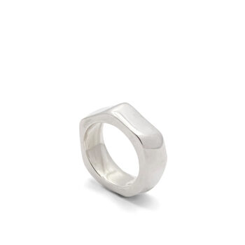 Angled side view of the Wonky Nut Ring in sterling silver