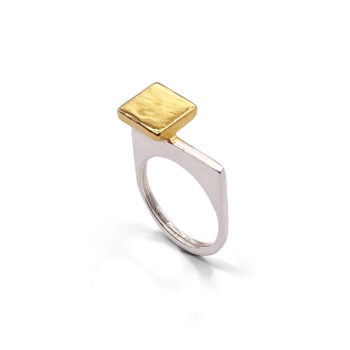 angled view of square-top signet ring with gold vermeil face