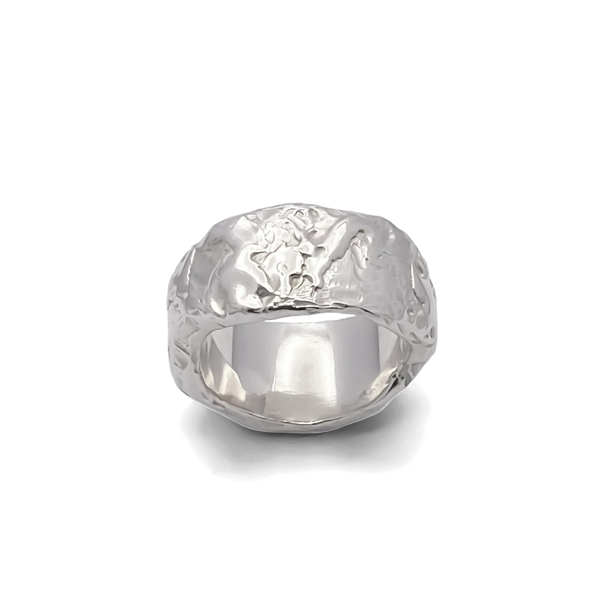 Frontal view of organic sterling silver ring with hammered texture