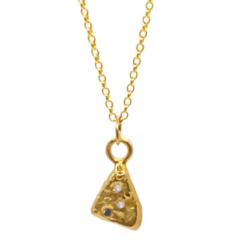 Gold triangular pendant with gemstone accents on Belcher chain.