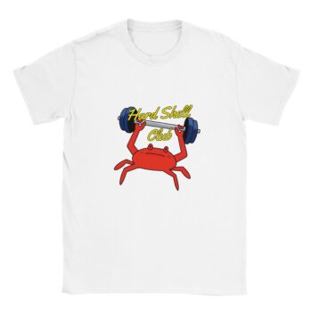 Unisex t-shirt featuring a cartoon crab lifting weights, printed on white cotton fabric
