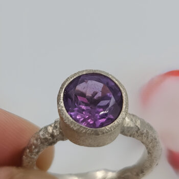 Forged Silver Ring with Faceted Purple Amethyst