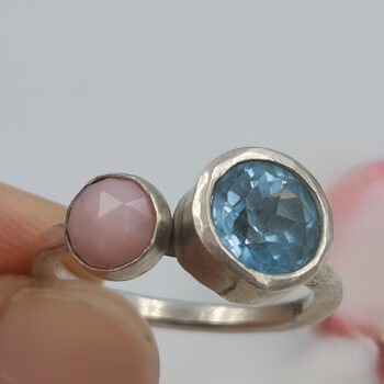 Blue Topaz and Pink Opal Double Stone Ring