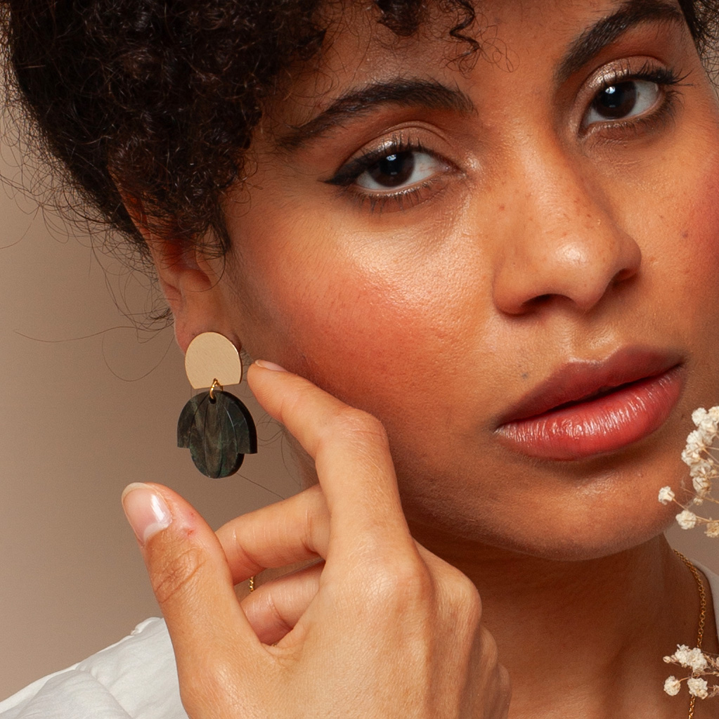 Bloom Deco Green Marble Earrings on Gold Plated Studs