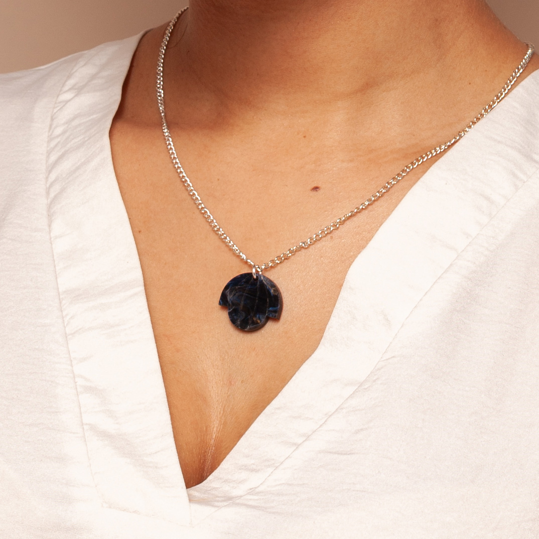 Bloom deco necklace blue marble on Silver chain