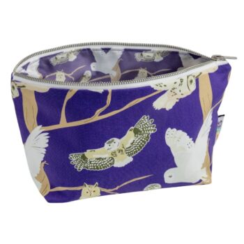 Bright purple zipped pouch with coordinating printed waterproof lining featuring UmmPixies illustrations of British owls, shown on a white background