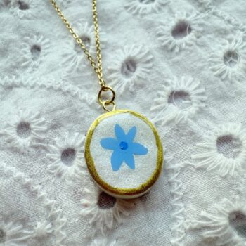 Hand Painted Blue Flower Pendant Necklace on Dainty 18K Gold Plated Chain