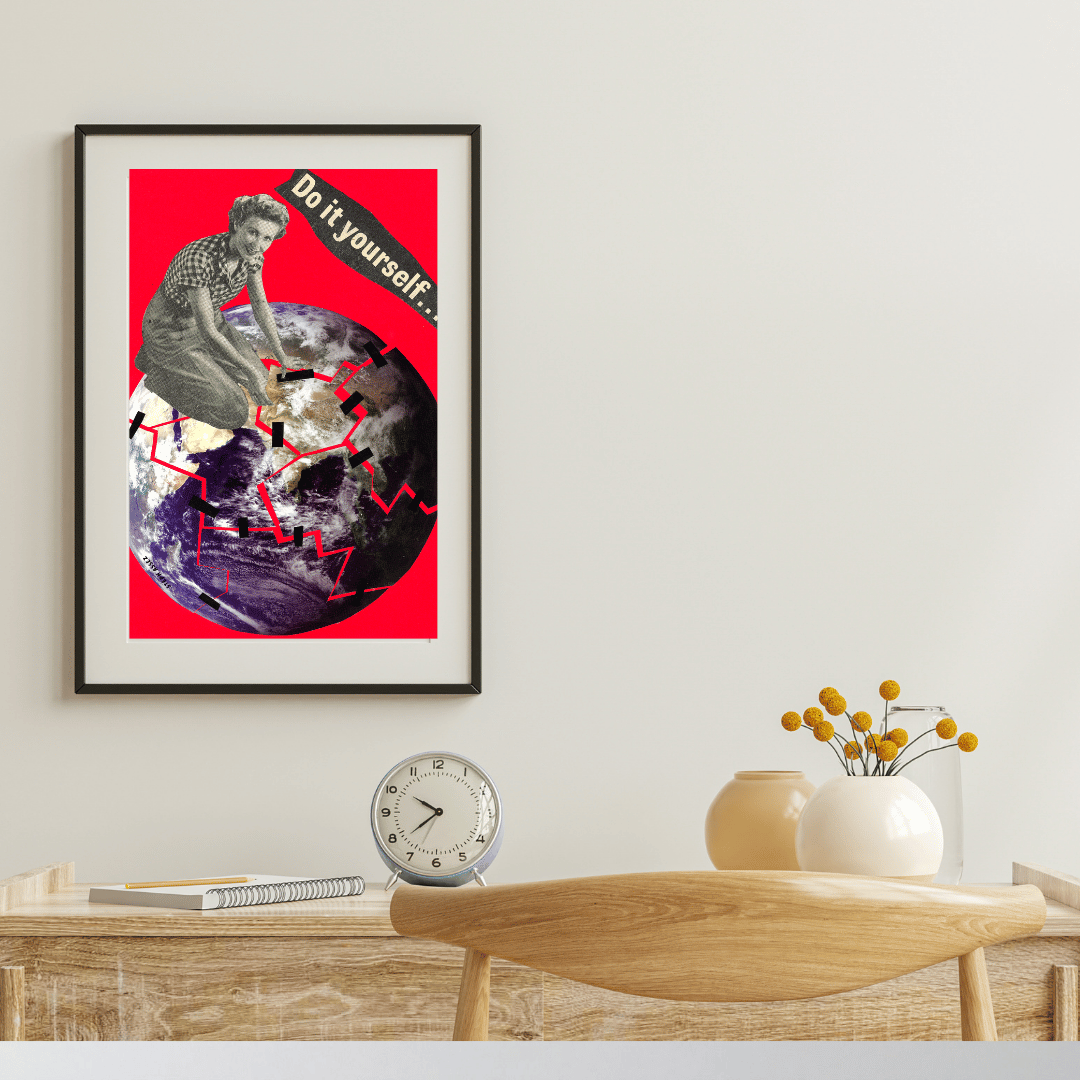 A feminist collage art piece by Assez Collage (London based artist Steph Assez). In the piece, a woman attempts to tape the world back together again though it's cracked, the words "Do It Yourself" a reminder that we often need to take change into our own hands