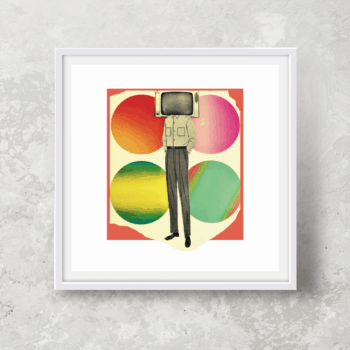 Assez Colalge art print of Nick At Nite featuring a man with a TV head, art made from vintage and recycled materials and printed on eco-stock for sustainable wall art