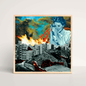 Print of a hand-cut collage by Steph Assez of Assez Collage, featuring a woman holding a cat firing lasers from its eyes against a space galaxy background, printed on eco-frinedly recycled stock and originally made using vintage, found and recycled materials.