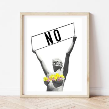 “No” collage art print by Steph Assez, featuring a hand-cut analogue collage with layered vintage imagery and surreal elements, printed on eco-friendly recycled paper.