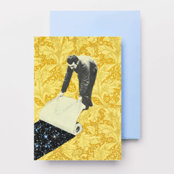 A colourful, surreal collage greeting card by Assez Collage featuring a William Morris background and reproduced from an original artwork made from vintage and recycled materials.