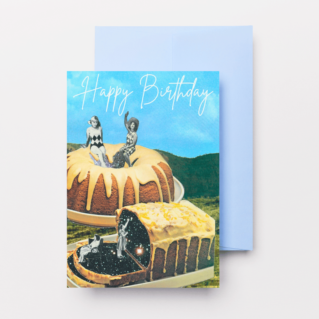 A unique, colourful birthday card by Assez Collage, originally assembled using vintage, recycled and found materials.`