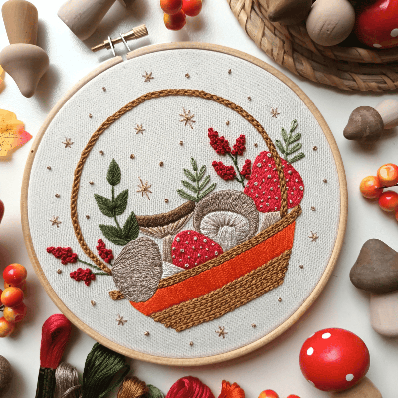 DIY embroidery kit for beginners - Mushroom basket